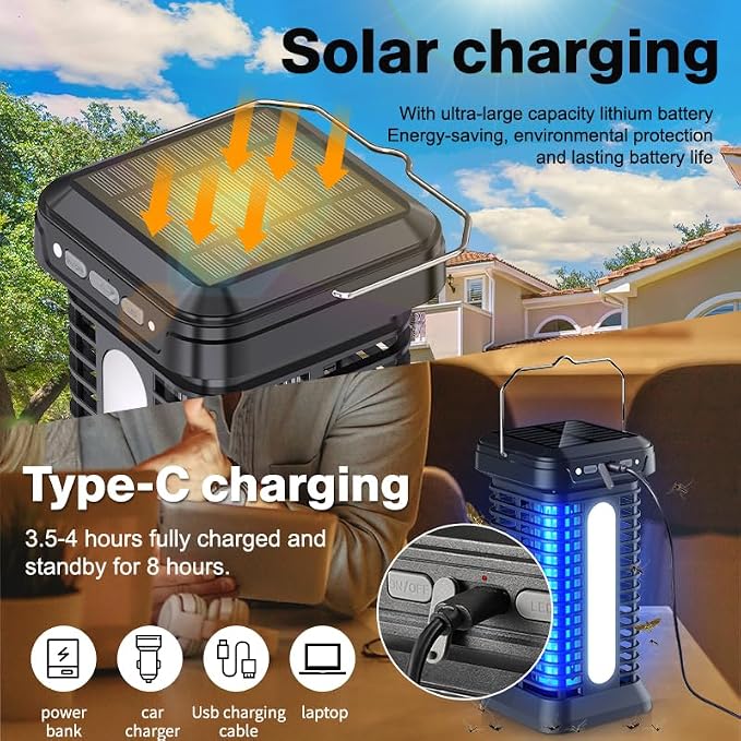 Syluris Bug Zapper Outdoor Indoor, Upgraded 3 in 1 Solar Mosquito Zapper Portable Rechargeable with LED & Control Auto On/Off, Waterproof Fly Zapper for Patio, Backyard, Farm, Kitchen, Living Room
