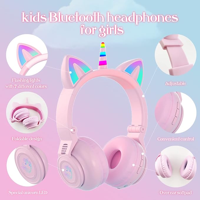 Unicorn Kids Headphones for Girls,7 Colour Flash Unicorn Bluetooth Headphones Foldable for Girls Toddlers Tablet/pad/Amazon fire,Light Up Kids Wireless Headphone Birthday Gifts (Purple Pink)