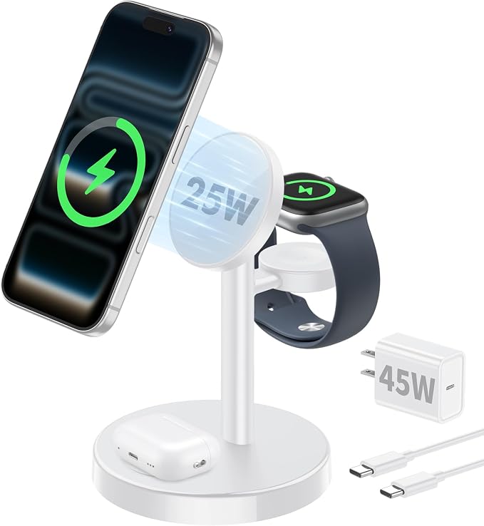2026 25W 3 in 1 Super Fast Wireless Charging Station Compatible with MagSafe Charger Stand, Magnetic Mag-Safe Charger for iPhone 17 16 15 14 13 12 Series Apple iWatch AirPods Pro 4 3 2, White