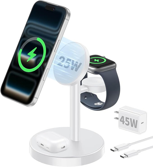 2026 25W 3 in 1 Super Fast Wireless Charging Station Compatible with MagSafe Charger Stand, Magnetic Mag-Safe Charger for iPhone 17 16 15 14 13 12 Series Apple iWatch AirPods Pro 4 3 2, White