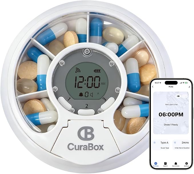 Bluetooth Auto Weekly Pill Organizer with App Alerts & Alarm, Travel Medicine Pill Dispenser with Clear Lid & LCD, Tracks Adherence History, Large Compartment for Vitamins, Supplements, Prescriptions