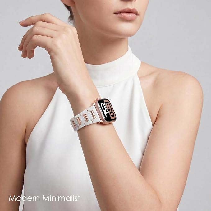 V-MORO Resin Band Compatible with Apple Watch 42/44/45/46/49mm,Fashion Lightweight Bracelet with Polished Rose Gold Stainless Steel Inlay for iWatch Series 11/10/9/8/7/6/5/4/3/2/1/SE,Fluorescent White