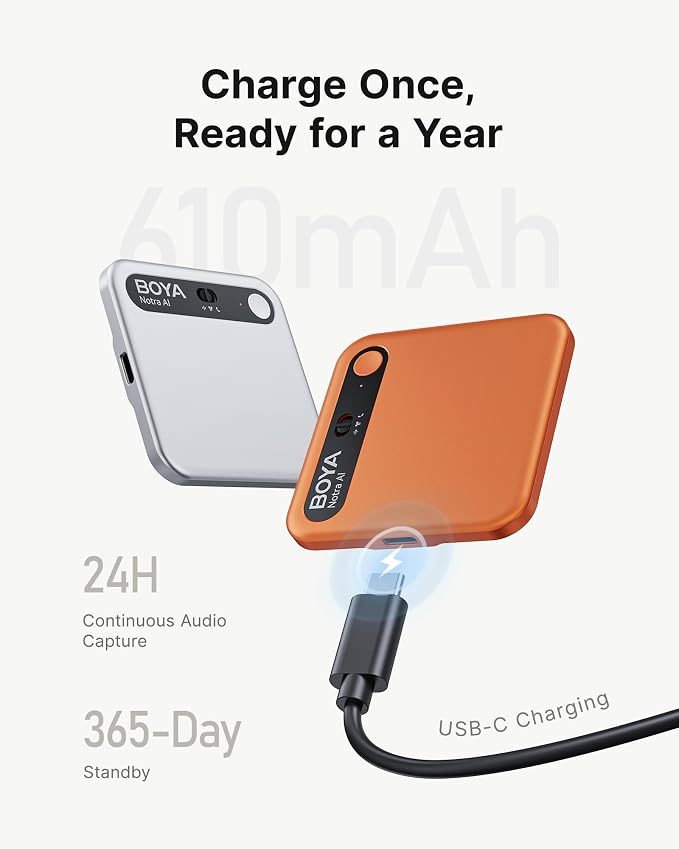 BOYA Notra AI Voice Recorder, Smart Transcription & Summary, App Control, 64GB Storage, Secure Cloud Sync, Supports 140+ Languages, MagSafe-Compatible, Ai Note Taker for Meetings & Interviews, Orange