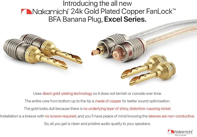 Nakamichi FanLock Excel Series 24k Gold Plated BFA Banana Plug 10 AWG - 18 AWG Gauge Size 4mm for Speakers Amplifier Hi-Fi Stereo Home Theatre Radio Audio Wire Cable Quick Connector, 8 Pcs (4-Pairs)
