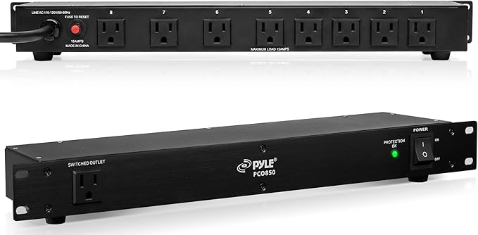 Pyle 150J Surge Protector Power Strip - 9 Outlet - 15 Amp - 1U Rack Mount with AC Filter - Heavy Duty Extension Cord - Overload Protection for Home/Office/Server Use - PCO850