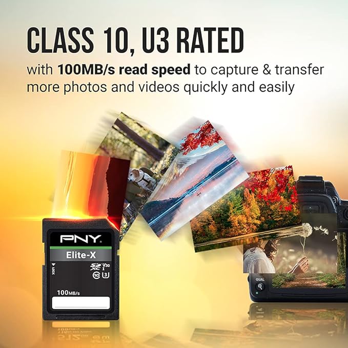 PNY 128GB Elite-X Class 10 U3 V30 SDXC Flash Memory Card - 100MB/s, 4K UHD, HD, UHS-I, Full Size SD (Pack of 2)