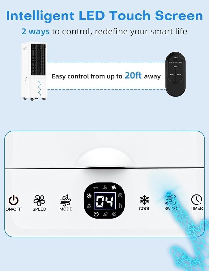 Windowless Air Conditioner w/4 Mode&3 Speed, Waterless Alert, 2.4-Gal Tank for 24H Cooling, 12H Timer,20FT Remote, 70° Auto Swing Evaporative Air Cooler, Portable Air Conditioners for Bedrooms