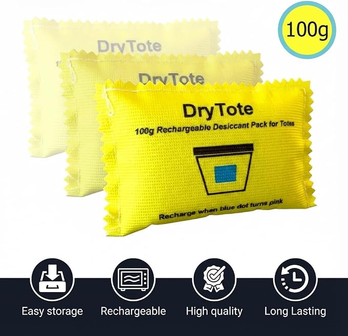 DryTote Rechargeable Desiccant Packs (5 Pack), Silica Gel Moisture Absorber for Storage Bins & Totes, Color-Change Indicator, 100g, Yellow