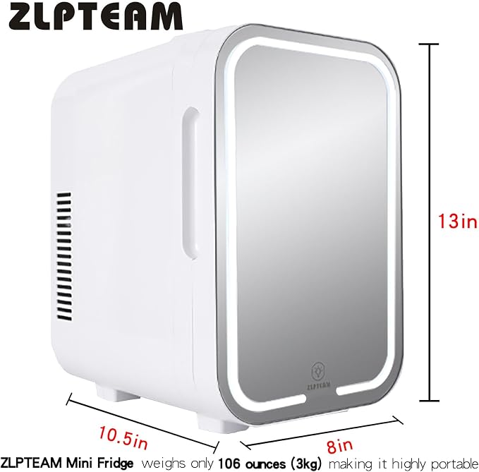 Mini Fridge with Mirror Door & Adjustable LED Lights - 8L Cosmetic Skincare Fridge for Bedroom,Dorm,Mini Car Refrigerator Portable Quiet Cooling,Gift for Women