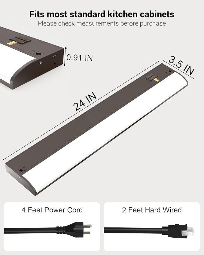 24 Inch LED Under Cabinet Light, Plug in Kitchen Lighting, 3CCT Selectable (3000K/4000K/5000K), CRI94 High Color Accuracy, Linkable, Slim Design Dimmable, Brown