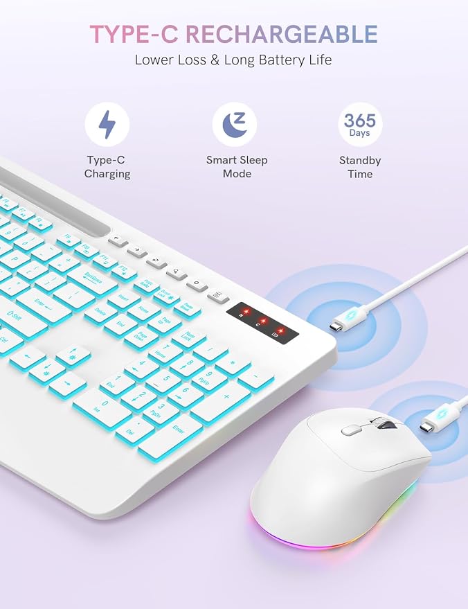 Trueque Wireless Keyboard and Mouse Combo, 4000mAh Rechargeable Backlit Keyboard with Wrist Rest & Phone Holder, Full Size Quiet Typing 2.4G USB-A/Type-C for PC Laptop Windows Mac (Cloud White)