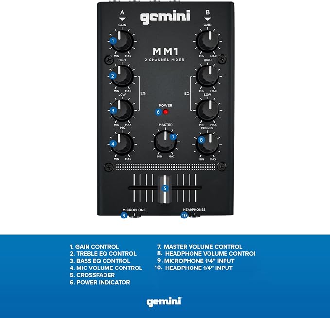 Gemini Portable 2-Channel DJ Mixer with Crossfader & EQ (MM1) | Portable 2-channel DJ mixer - full-size crossfader, 2-band EQ, gain - all-metal body - RCA & mic in