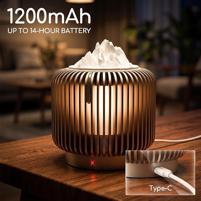 Masdio Bluetooth Speaker & Aroma Diffuser Night Light, Rotating Mountain Aroma Diffuser, Candlelight Mode, Stepless Dimming, 14H Battery, Lantern-Inspired Metal Design for Bedroom