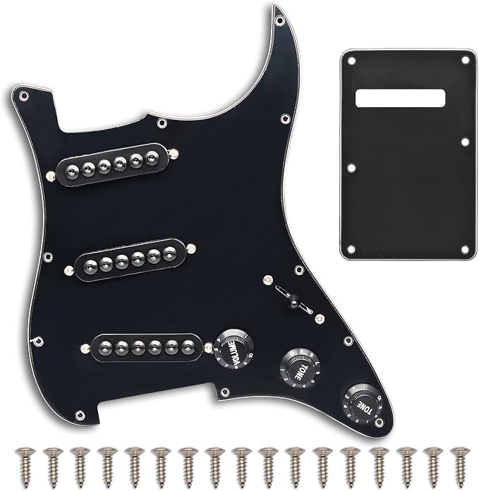 SAPHUE Prewired ST Pickguard Coil Pickups Adjustable Big Screws Loaded Electric Guitar Pickguard for Fender Strandard Straocaster Guitar Parts (SSS,Black)