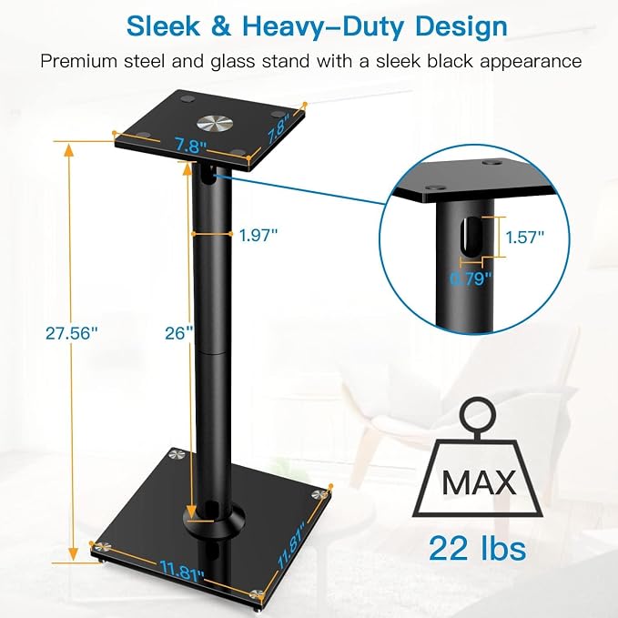 PERLESMITH Universal Floor Speaker Stands for Surround Sound up to 22LB, 27.56 Inch Bookshelf Speaker Stand for Klipsch, Polk, Yamaha & Other Large Satellite, Bookshelf Speakers, Studio Monitors,2P