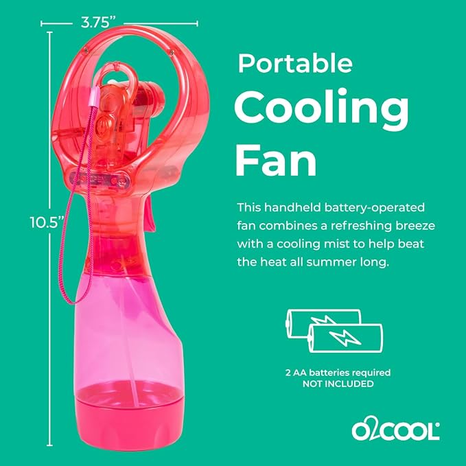 O2COOL Deluxe Handheld Battery Powered Water Misting Fan with Wrist Wrap (Strawberry Pink)