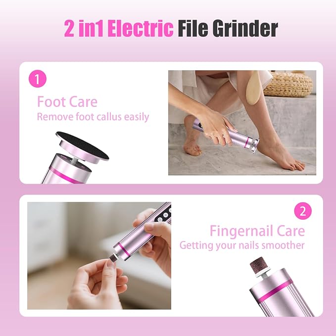 Electric Foot Callus Remover, 2-in-1 Rechargeable Pedicure Tool with Adjustable Speed, LED Display, Sanding Discs & Nail Drill Bits, Professional Electric Foot File for Smooth Soft Feet