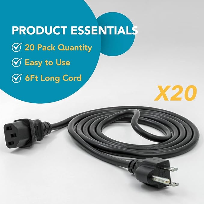 UL Approved 6ft Universal Power Cord (20 Pack) - IEC C13 to NEMA 5-15P Computer Monitor Cable for IT Departments, Data Centers & Bulk Purchasing - 18AWG 10A 125V