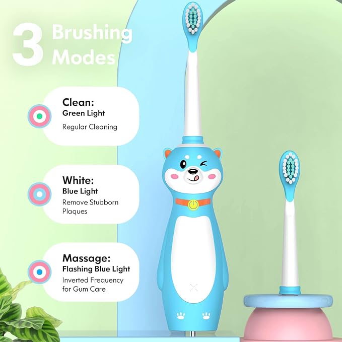 DADA-TECH Kids Electric Toothbrush Rechargeable, Sonic Silicone Teeth Brush with Timer for Children Boys Girls Ages 3+, 3 Modes with Memory, 4 Soft Brush Heads (Blue Shiba Inu Dog)