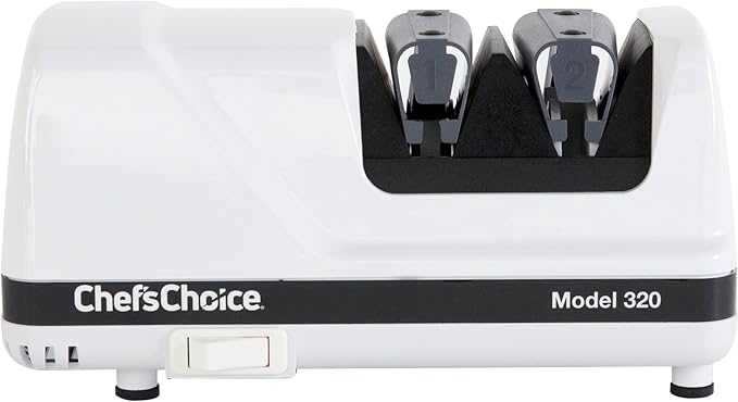 Chef'sChoice Professional Electric Knife Sharpeners FlexHone/Strop With 100-Percent Diamond Abrasives And Precision Angle Guides For 20-Degree Straight-Edge and Serrated Knives, 2-Stage, White