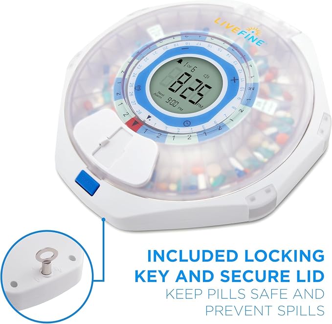 LiveFine WiFi Automatic Pill Dispenser and Remote Medication Monitoring System with Locking Key, 28-Day Medication Organizer Up To 9 Doses Per, Adjustable Light/Sound Alarms For Prescriptions & Vitami
