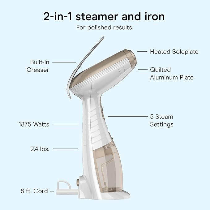 Conair Handheld Garment Steamer for Clothes, Turbo ExtremeSteam 1875W Fabric Steamer, Portable Handheld Design, Strong Penetrating Steam, White/Champagne