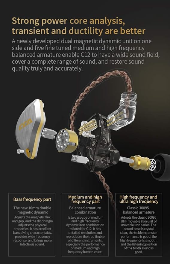 CCA C12 in Ear Monitor Headphones 5BA 1DD Hybrid HiFi Gaming IEM Earphones Noise Isolating Stereo Wired Earbuds for Musicians Audiophile Singers DJ