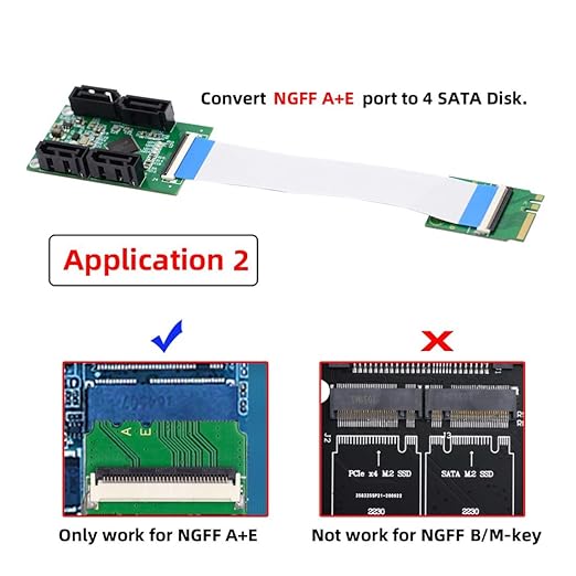 ChenYang Mini PCI-E/M.2(A+E Key) to 4 SATA 3.0 Extension Card Adapter for Motherboard SATA Hard Drive Port Extension with 10cm Flat Cable