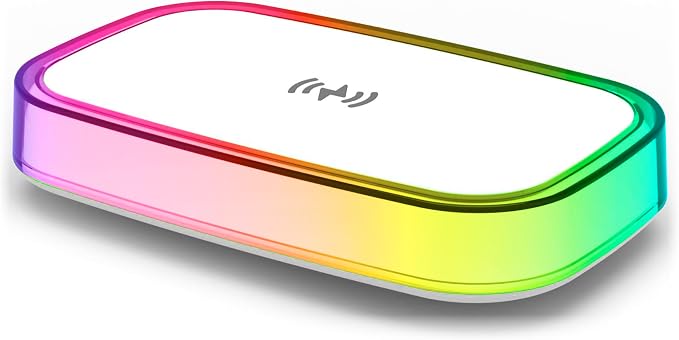 Westclox Wireless Charging Pad with Fast 15 Watt Wireless Charging, RGB Color Changing Light with 6 Modes, Adjustable Brightness, Slim Compact Design, USB C Powered Charging Pad for Home or Office