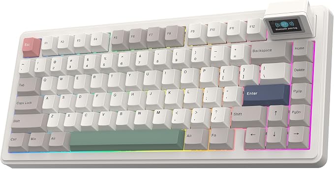 EPOMAKER RT82 Wireless Mechanical Keyboard with Screen, VIA Custom, 2.4GHz/USB-C/BT5.0, RGB Backlit, Gasket, 5-Paddings, PBT Keycaps, Hot-Swap Retro Gaming Keyboard (Sea Salt Silent)