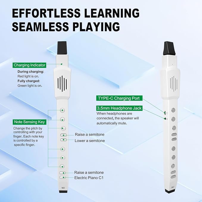 EX Electric Digital Wind Instrument, Electric Saxophone, with 12 Tones, 3 Fingering Modes, 3-Octave Range, Auto Vibrato & Transpose, Bluetooth MIDI & Rechargeable, White
