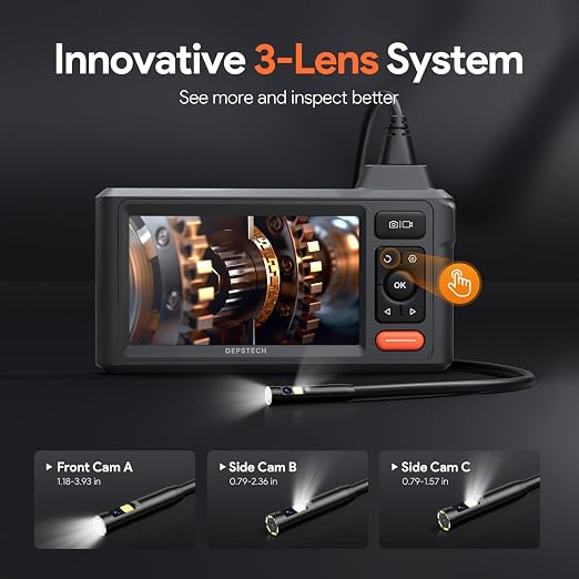 DEPSTECH 50ft Sewer Camera, 1080P HD Triple Lens Borescope, 5" IPS Screen Endoscope with Light, IP67 Waterproof Plumbing Drain Pipe Snake Inspection Camera with 32G Card, Carry Case