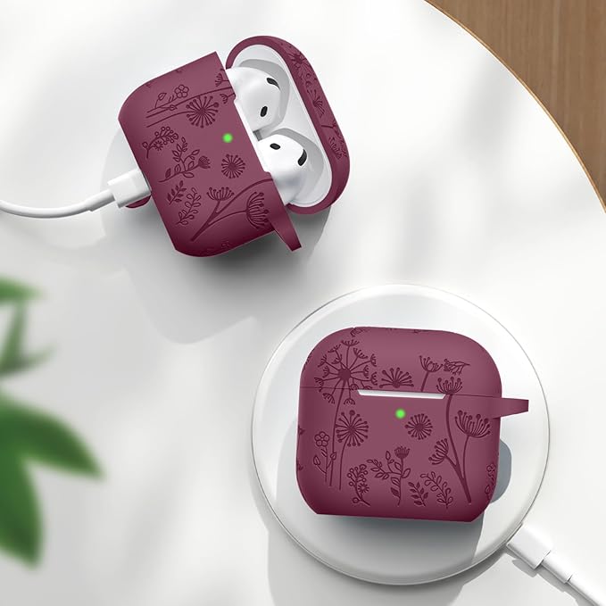 Lerobo Case Cover for Airpods 4, Flower Engraved Silicone, Full Protective, Shockproof, Anti-dust, with Cleaner Kit & Keychain, Compatible with Apple Airpods 4 Case for Women, Purplish Red