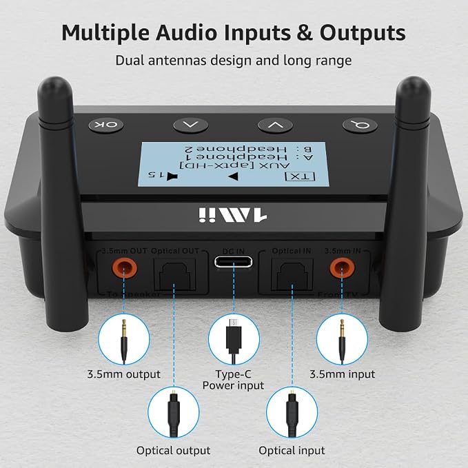1Mii B03+ Bluetooth 5.3 Transmitter Receiver for TV Home Stereo, aptX Low Latency & HD & Adaptive, Dual Link, Wireless Audio Adapter with Screen, Optical, RCA or AUX 3.5mm Port, Soundbar Passthrough