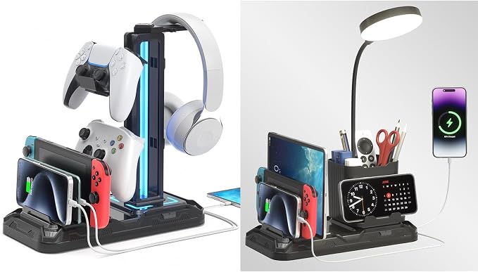 KDD Headset Stand with Charging Station & Desk Lamp with USB Charger Ports