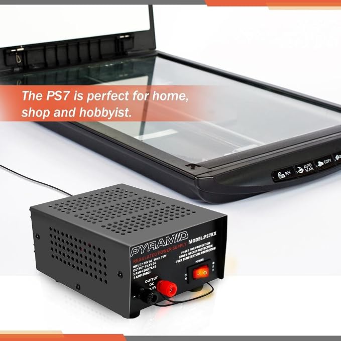 Pyramid Universal Compact Bench Power Supply - 5 Amp Linear Regulated Home Lab Benchtop AC-to-DC 12V Converter w/ 13.8 Volt DC 115V AC 70 Watt Power Input, Screw Type Terminals, Cooling Fan - PS7KX