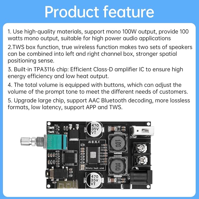 ZK-1001B Bluetooth Amp Board, 100W Power Output,BT 5.0 AMP Board for DIY Wireless Speakers AMP Module TPA3116 Board DC7-24V BT/AUX/USB Input for DIY Wireless Speakers TWS Amplifier Board