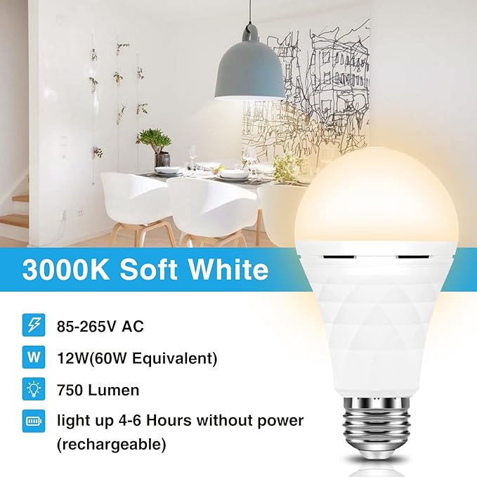 Neporal A19 Rechargeable Light Bulbs, Socket Rechargeable Emergency Light Bulb for Power Failure, Battery Backup Bulbs for Home, Hurricane, Led Bulb 60 Watt Equiv. (Soft White, 4 Count (Pack of 1))