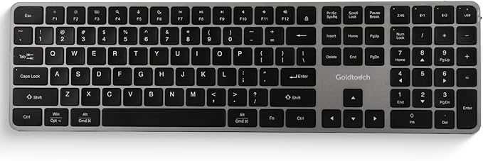 Goldtouch Trident Standard Keyboard. Full-Size Multi-Device Keyboard. 2.4GHz, Dual Bluetooth & USB Wired. Low-Profile Scissor Switch. 6-Month Battery. Slim Office Keyboard