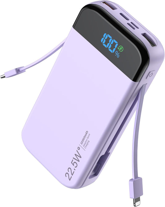 Portable Charger Power Bank 32000mAh with Built in Cables, PD3.0 USB C Fast Phone Charger, 5 Outputs LCD Display Travel Battery Pack Compatible with iPhone, Samsung All Cell Phones (Purple)