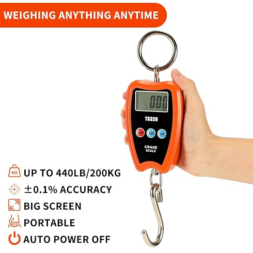 Digital Crane Scale 300kg/660lbs 200kg/440lbs with LED Handheld Mini Hanging Scale for Garage Farm Hunting Fishing Etc(200kg/Plastic Shell/Orange)