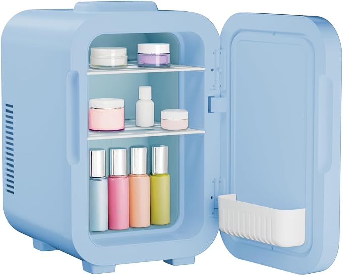ELLE 8L Mini Cooler Fridge with LED Makeup Mirror for Skincare & Cosmetic Storage Cooler & Warmer Removable Shelf Carrying Handle AC DC Power Options Small Refrigerator for Bedroom Car Office Blue