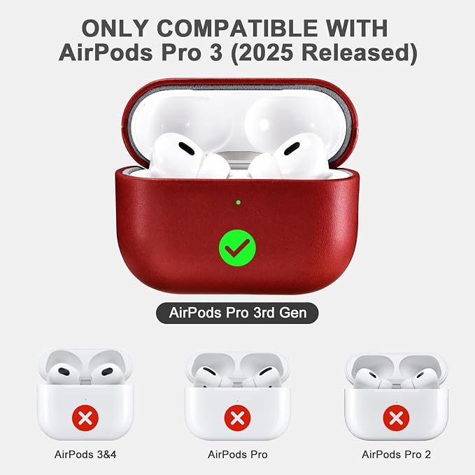 ICARER AirPod Pro 3 Case, 100% Geniune Leather Case, Handmade Top Grade Vintage Cover, Shockproof Protective Cover Support Wireless Charging, Compatible with AirPods Pro 3 2025 Model (Red)