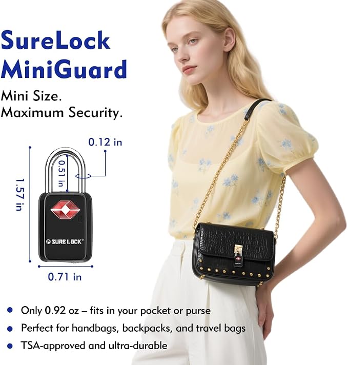 SURE LOCK Mini TSA Approved Keyed Luggage Lock – One Key Opens All, Fits Tight Zipper Gaps & Small Pull Holes, Compact Travel Lock for Suitcases, Backpacks & Handbags