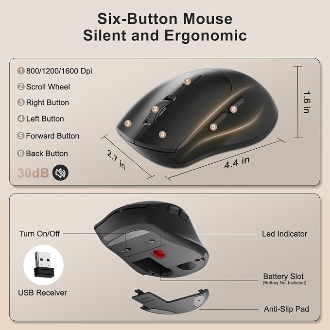 Wireless Keyboard and Mouse Combo, 2.4G Full Size Wave Keys Ergonomic Keyboard with Wrist Rest, Phone Holder, 3-Level DPI Wireless Silent Mouse with 6-Buttons, for Windows (Latte Black)