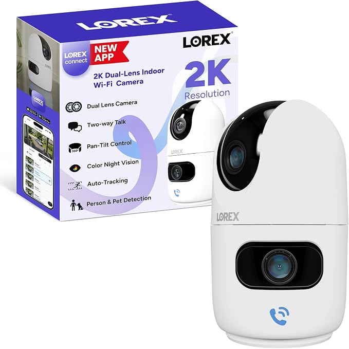 Lorex Connect [New APP] 2K Indoor Dual Lens Wi-Fi 6 Camera | 360° Pan-Tilt | Person & Pet Detection | Color Night Vision | Instant Call | 2-Way Talk | Cloud & Local Storage Option