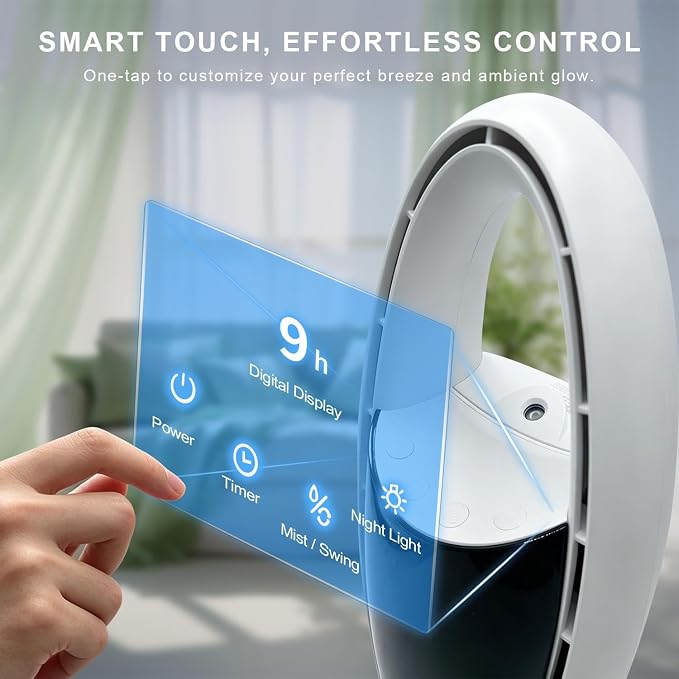 Bladeless Desk Fan with Misting, Rechargeable Quiet Personal Fan, Portable Table Fan with Night Light, 9H Timer 60° Oscillation Cooling Fan for Bedroom Office Home - Space Capsule Design (white)