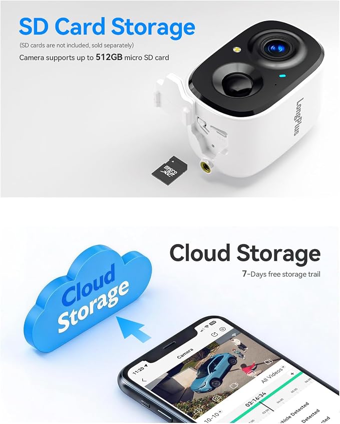LongPlus 3K Security Cameras Wireless Outdoor, Battery Smart Camera for Home Security, Support 2.4G/5GHz, 24/7 Recording, Color Night Vision, AI Motion Detection, SD Card/Cloud, Two-Way Talk (White)
