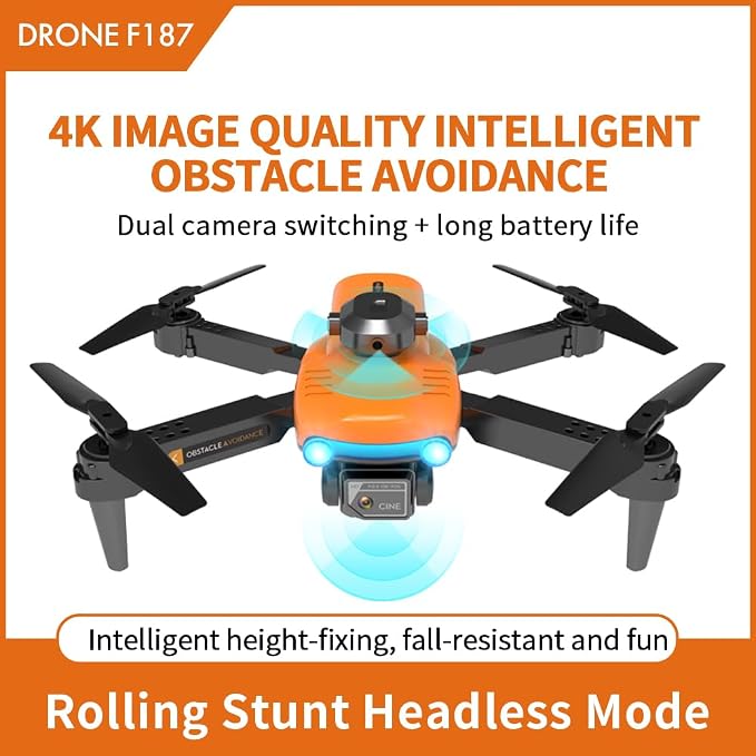 F187 Foldable Drone with 4K HD Dual Camera, Obstacle Avoidance, Colorful LED Lights, Long Flight Time, Auto Return, HD Aerial Photography Quadcopter