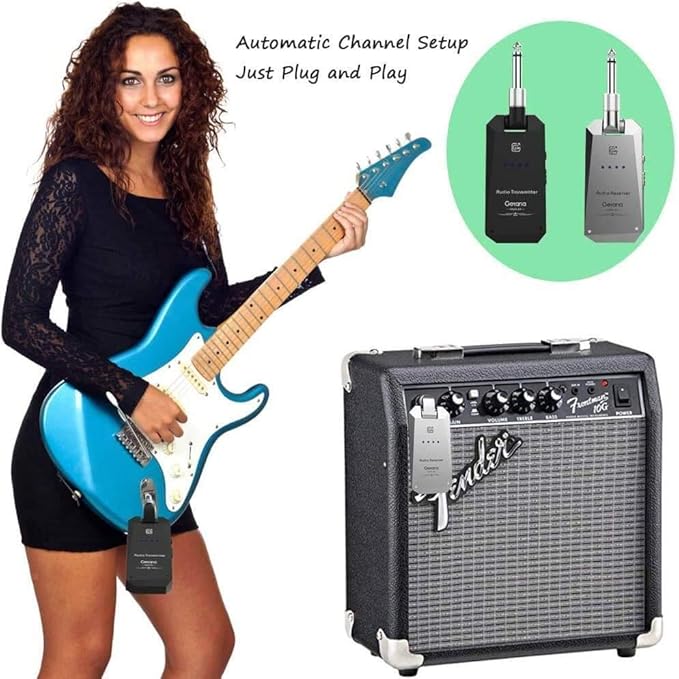Wireless Guitar Transmitter Receiver Set 5.8GH Wireless Guitar System 4 Channels for Electric Guitar Bass (Silver/Black)